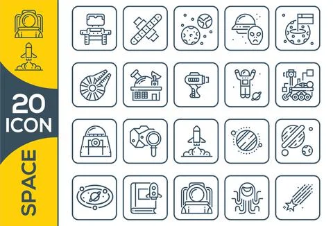 Set of space icon vector illustration in outline style for for web, landing p Illustrazione stock