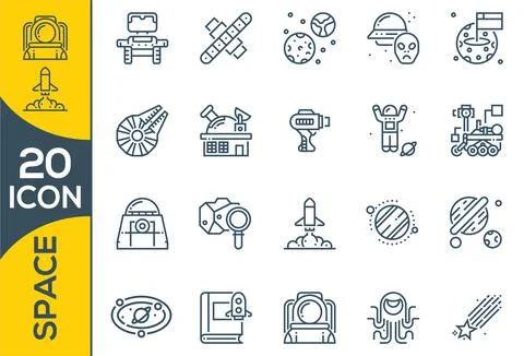 Set of space icon vector illustration in outline style for for web, landing p Illustrazione stock