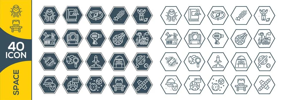 Set of space icon vector illustration in outline style for for web, landing p Illustrazione stock