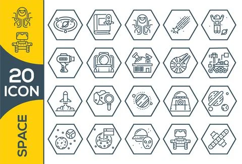 Set of space icon vector illustration in outline style for for web, landing p Illustrazione stock