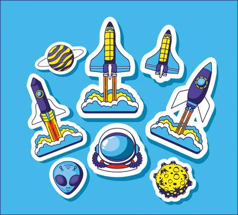 Set of space icons on a blue background Stock Illustration
