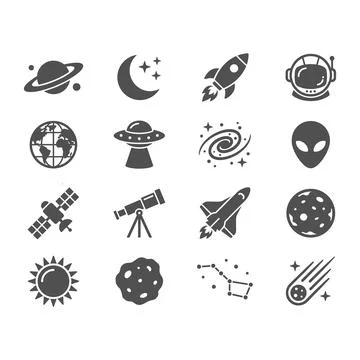 Set of space icons featuring planets rockets and galaxy symbols in a flat style Stock Illustration