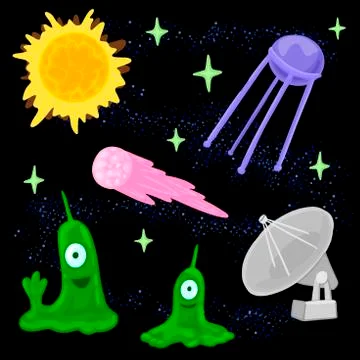 Set of space illustrations. Planets, aliens, comet, satellite, plate. Vector Stock Illustration