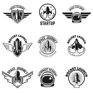 Set of Space labels. Rocket launch, astronaut academy. Design el イラスト素材