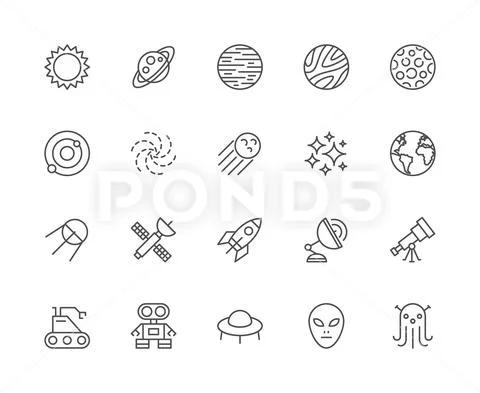 Set of Space Line Icons. Sun, Solar System, Galaxy, Cosmos, Stars and more. Stock Illustration