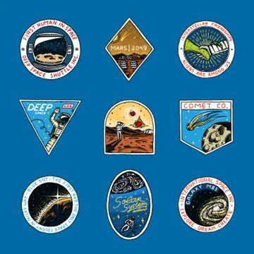 Set of Space logo. Human mission to Mars. Exploration of the astronomical galaxy 스톡 일러스트
