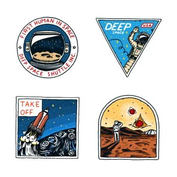 Set of Space logo. Human mission to Mars. Exploration of the astronomical galaxy Stock Illustration