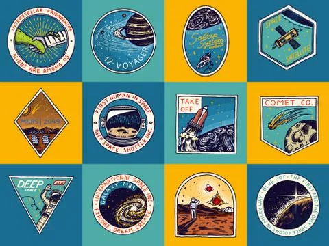 Set of Space logo. Human mission to Mars. Exploration of the astronomical galaxy Illustrazione stock
