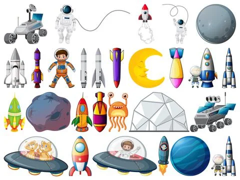 Set of space objects and elements isolated on white background Illustrazione stock