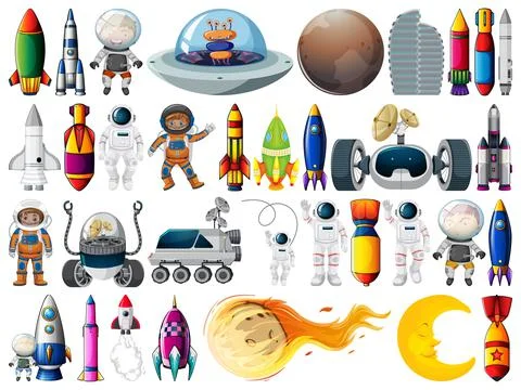 Set of space objects and elements isolated on white background Illustrazione stock