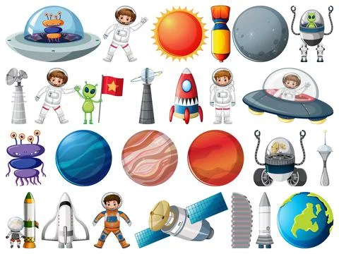 Set of space objects and elements isolated on white background Illustrazione stock