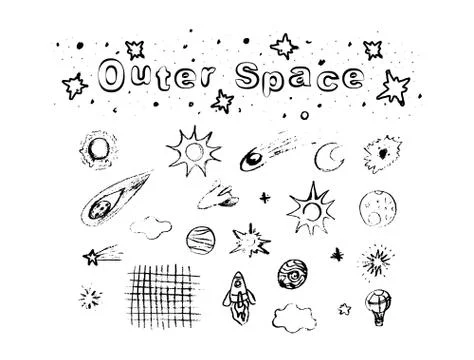 Set of space objects planets, stars, comet, air ballon. Stock Illustration