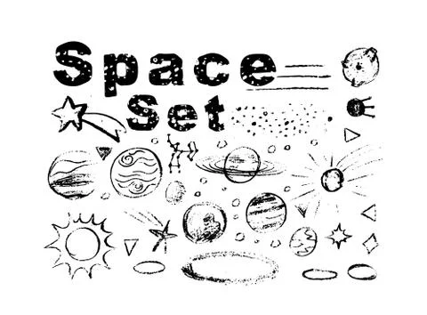 Set of space objects planets, stars, circles, triangles. 库存插图