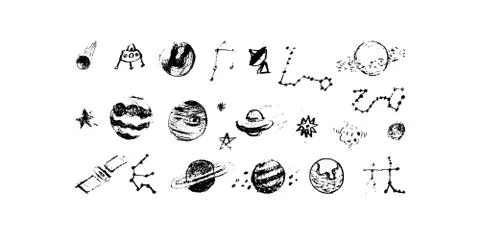 Set of space objects planets, stars, circles, triangles. 库存插图