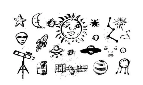 Set of space objects planets, stars, comet, air ballon, telescope. Stock Illustration