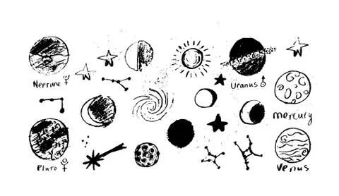 Set of space objects planets, stars, circles, triangles. 库存插图