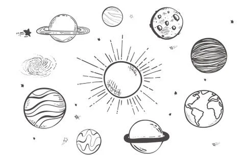 Set of space objects: planets, stars. Hand drawn vector, doodle sketch black, Stock Illustration
