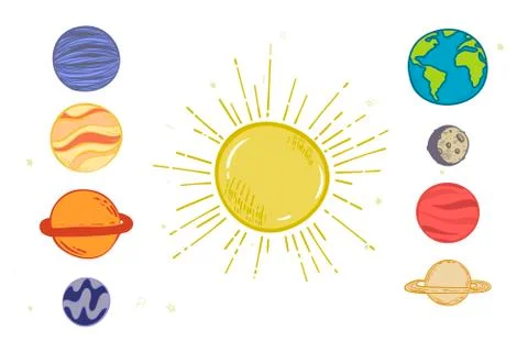 Set of space objects: planets, stars. Hand drawn vector, doodle. Sun Earth Mo Stock Illustration