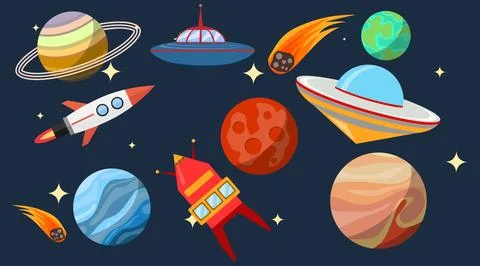 Set of space objects rockets UFO spaceships planets and comets vector elements Stock Illustration