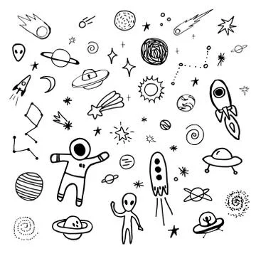 Set of space objects. Vector hand drawn illustration Stock Illustration