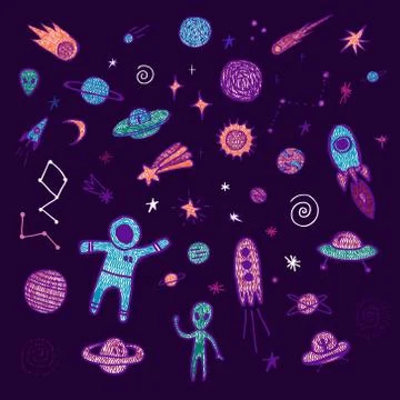 Set of space objects. Vector hand drawn illustration Stock-Illustration