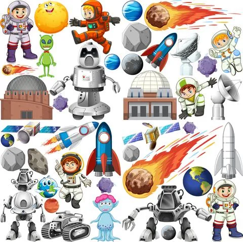 Set of space objects on white background Illustrazione stock