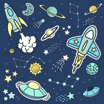 Set of space objets stickers patches and design elements, design for children Stock Illustration