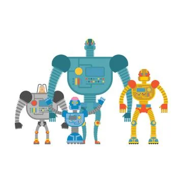 Set space robots. Cyborgs invaders. Humanoid machines with artificial intelli Stock Illustration