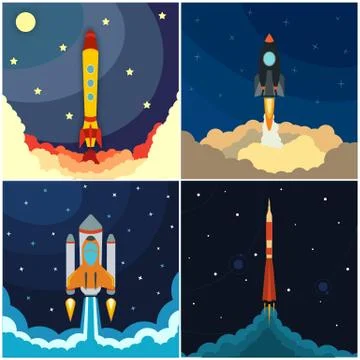 Set of space rocket launch. Vector illustration with flying rocket Stock Illustration