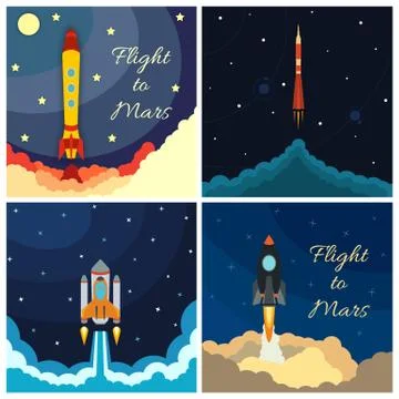 Set of space rocket launch. Vector illustration with flying rocket 스톡 일러스트