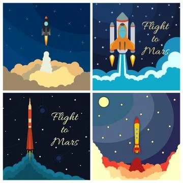 Set of space rocket launch. Vector illustration with flying rocket Stock Illustration