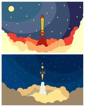 Set of space rocket launch. Vector illustration with flying rocket Stock Illustration
