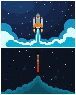 Set of space rocket launch. Vector illustration with flying rocket Stock Illustration