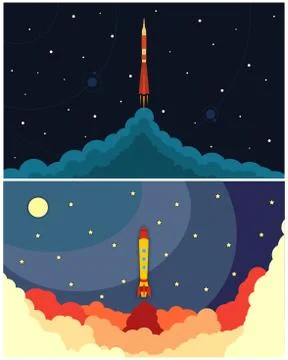 Set of space rocket launch. Vector illustration with flying rocket Stock Illustration