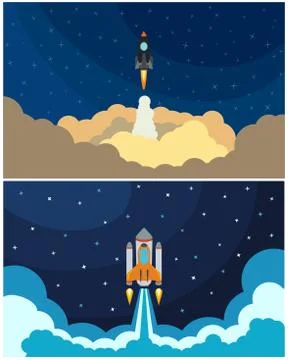 Set of space rocket launch. Vector illustration with flying rocket Stock Illustration