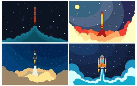 Set of space rocket launch. Vector illustration with flying rocket Stock Illustration
