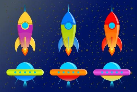 Set of space rockets and flyind saucers Stock Illustration