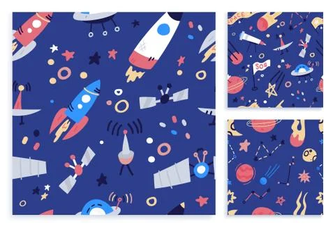 Set Space seamless pattern print design. Flat cartoon Doodle Vector illustrat Stock Illustration