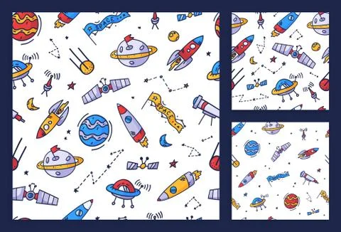 Set Space seamless pattern print design. Doodle Vector illustration design fo Stock Illustration