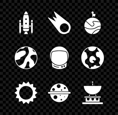Set Space shuttle and rockets, Comet falling down fast, Moon with flag, Sun Ilustração Stock