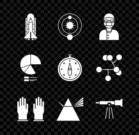 Set Space shuttle and rockets, Solar system, Assistant, Rubber gloves, Light Stock Illustration