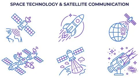 Set of space technology and satellite communication vector icons with satelli Stock Illustration