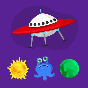 A set on a space theme. UFO, planet, sun, humanoid, alien, flying saucer. Vec Stock Illustration