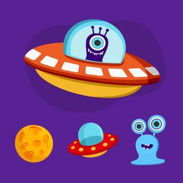 A set on a space theme. UFO, planet, humanoid, alien. Vector illustration in  Stock Illustration