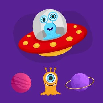 A set on a space theme. UFO, planet, Saturn, humanoid, alien, flying saucer.  Stock Illustration