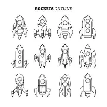 Set of Spaceship Rocket Shuttel Spacecraft outline collection with line art.. Stock Illustration
