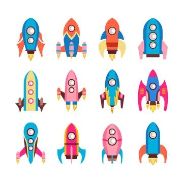 Set of Spaceship Set Collection, Rocket Shutte Spacecraft upswing ,spewing .. Stock Illustration