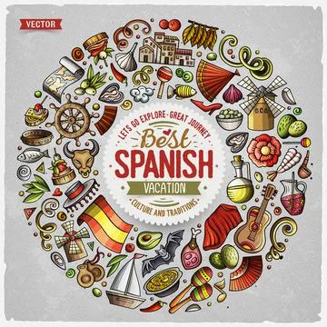 Set of Spain cartoon doodle objects, symbols and items Illustrazione stock