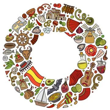 Set of Spain cartoon doodle objects, symbols and items Illustrazione stock
