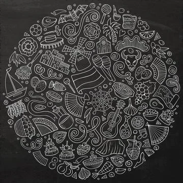 Set of Spain cartoon doodle objects, symbols and items 스톡 일러스트
